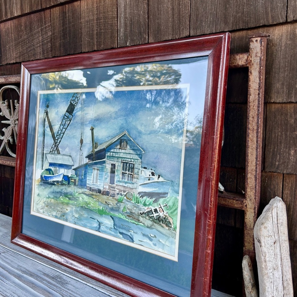 Vintage Seaside Watercolor Painting: Boatyard Scene by Margaret Ostranded - Picture 8 of 10